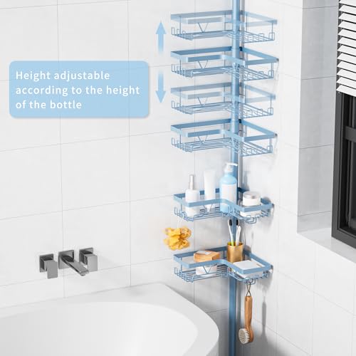 KEGII Shower Caddy Tension Pole, 4-Tier Rustproof Adjustable Corner Bathroom Organizer for Renters, 25–114.2 Inch No Drill Space-Saving Shower Storage Rack, Blue - style: Tension Caddy - Blue