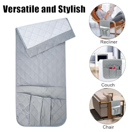 RETON Sofa Armrest Organizer with 5 Pockets, Non Slip Remote Control Caddy with 8 Pieces of Hook and Loop Fasteners, Armchair Caddy Holder Storage for Magazine Recliner Book TV Phone (Gray) - color: Gray
