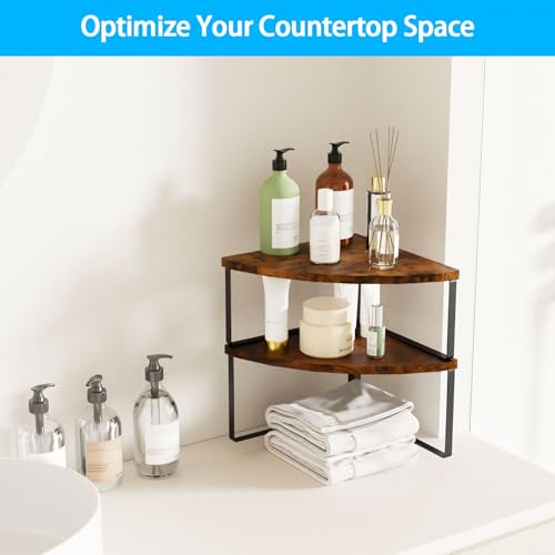 Corner Shelf Countertop Organizer - Set of 2 Corner Shelves for Kitchen Cabinet Organizer, Spice Rack, Stackable Bathroom Organizers and Storage, Sink Rack, Corner Cabinet, Counter Decor, Rustic Brown - color: Rustic Brown, size: Stacked Utility