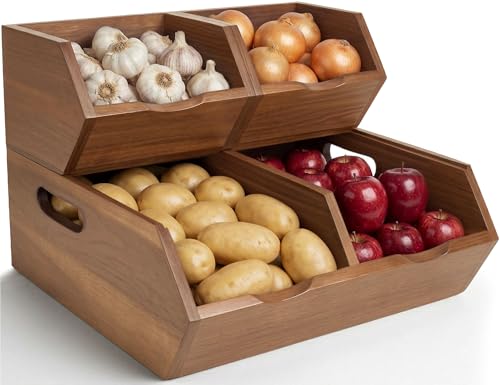 Potato and Onion Storage Bin Set of 3 – Stackable Acacia Wood Onion Storage & Vegetable Baskets for Kitchen Pantry | Wooden Onion and Potato Storage Bins for Potatoes, Garlic & Fruit