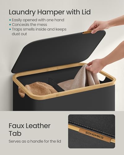 SONGMICS Laundry Hamper, Laundry Basket with Lid, Foldable Storage Basket, Bamboo Frame, for Bedroom, Living Room, Oxford Fabric, 37 Gal. (140 L), Ink Black ULCB519BH01 - color: Ink Black, size: 140 L (2-Section)