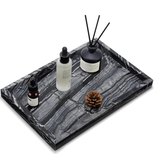 Real Natural Marble Tray for Bathroom, Vanity, Kitchen and Desktop, Rectangle Genuine Marble Stone Tray for Jewelry, Cosmetics, Candles, Lotion, Perfume (Wood Grain, 12" x 8" x 1.2") - color: Wood Grain, size: 12" x 8" x 1.2"