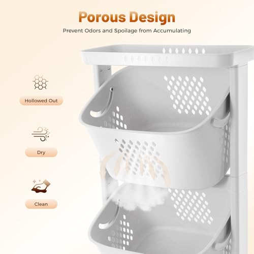 3 Tier Rolling Laundry Basket Vertical laundry hamper Sorter Cart with Wheels and Breaks Bathrooms Clothes Hamper 3 Section laundry organizer for Kitchens, Bedrooms, Laundry Rooms