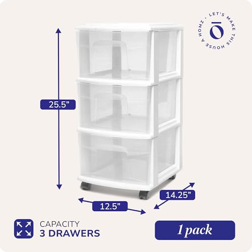 HOMZ Drawer Tower, 3-Tier Rolling Storage Cart with Removable Wheels, White Frame – Plastic Organizer with Clear Bin Drawers for Bedroom, Bathroom, Home Office, and Dorm Room - color: White, size: 1 Pack