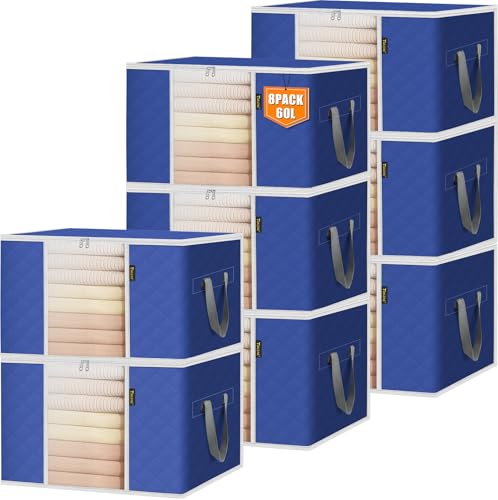 BALEINE 8 Pack Clothes Storage Bags, 16 Gallon Storage Containers with Reinforced Handle, Sturdy Zipper, Closet Organizer for Blanket, Comforter, Pillow, Bedding (Blue, 8 Pack) - color: Blue, size: 8 Pack-16 Gallon