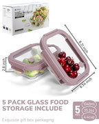 5-Pack Borosilicate Glass Containers with Tempered Lids, 35.2oz/4.4 Cup Airtight Meal Prep Set, Microwave/Freezer Safe (Pink) - color: Tempered Lids Pink, size: 4.4 Cup*5
