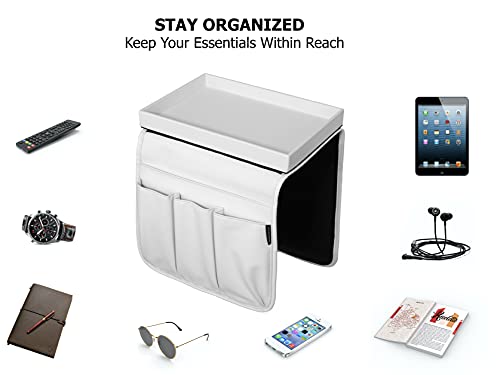 Anti Slip Armchair Caddy w/Detachable Wooden Snack Tray PU Leather Armrest Cup Holder Couch Arm for Recliner w/ 1 Big Pocket, 3 Small Pockets, Remote Control (White), 10.5Wx30L - color: White