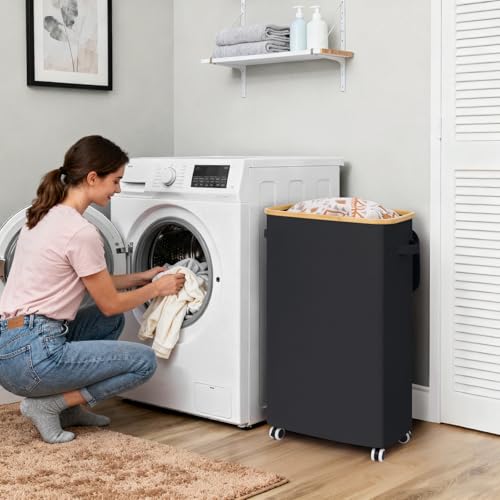 Goodpick Slim Laundry Basket with Wheels and Lid, 75L Rolling Laundry Hamper for Dorm Home Decor, Large Clothes Hamper with Bamboo Frame Removable Bag, Black, 17" x 9.8" x 29.5" - color: Black, size: 75L (17"L x 9.8"W x 29.5"H)