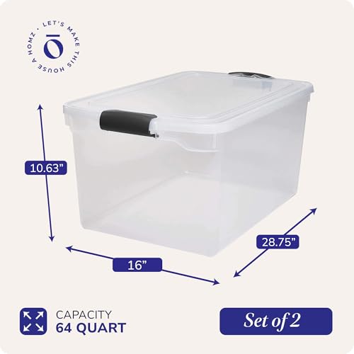 HOMZ 2-Pack Secure Latch, Clear Plastic Storage Organizer Bins, 64 Quart, Gray Latches - Stackable Container Boxes for Bedroom, Bathroom, Garage, and Office Organization - color: Gray, size: 64 QT (2 Pack)