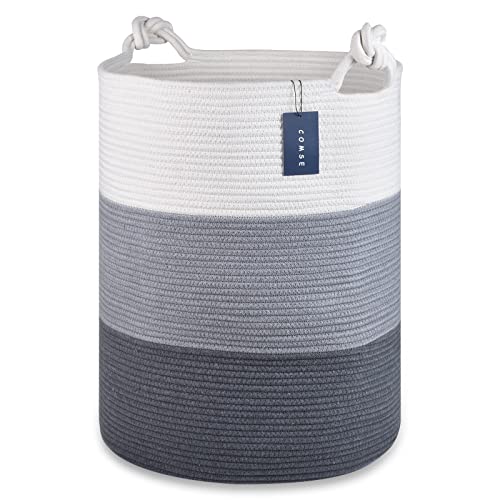 COMSE Laundry Hamper, Extra Large 15.7"x 21.7", Cotton Rope Basket, Portable, White & Light Gray & Dark Gray - color: White & Light Gray & Dark Gray