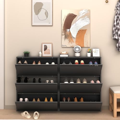LUCYPAL Slim Shoe Cabinet,Metal Shoe Storage Cabinet for Entryway with 3 Flip Drawers,Narrow Wall Shoe Cabinet for Entryway,Hallway,Living Room,Black,Require Assembly - color: Black, size: 3 Drawers