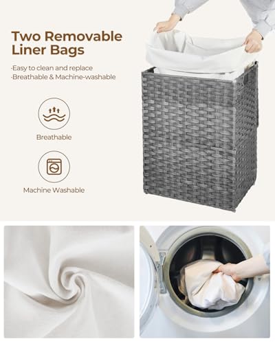 Greenstell Laundry Hamper with Lid, 90L Clothes Hamper with 2 Removable Liner Bags & 2 Mesh Laundry Bags, Handwoven Synthetic Rattan Laundry Basket for Clothes, Toys in Bathroom, Bedroom Grey - color: Gray, size: 90L (18.1 x 13.0 x 23.6 inches)