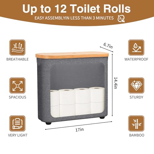 Toilet Paper Storage with Bamboo Lid,Foldable Basket Organizer for Bathroom, Holds 9 Mega/12 Regular Rolls, Waterproof Toilet Paper Holder Storage with Non-Slip Base,Gray - color: Gray