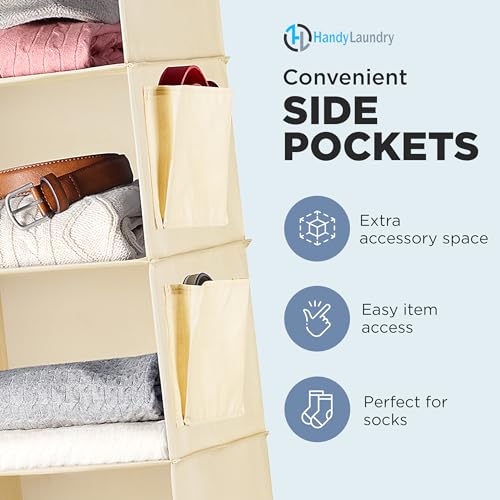 Handy Laundry Hanging Closet Organizer - 6 Shelf Storage for Clothes, Sweaters, Shoes & Accessories - Space-Saving Wardrobe Shelves with Hooks for Dorm, RV & Small Closet Organization (Beige) - color: Beige