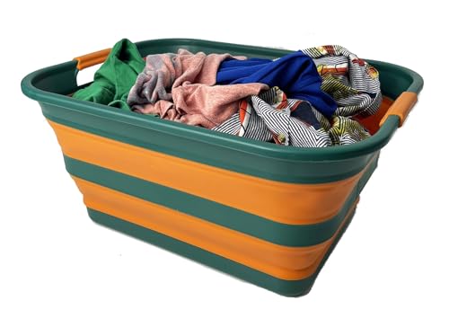 SAMMART Collapsible Plastic Laundry Basket with Handle/Foldable Pop Up Storage Hamper/Portable Laundry Organizer-Space Saving Washing Tub/Household Storage (Teal Green/Autumn leaf, 42L) - color: Teal Green/Autumn leaf, size: 42L