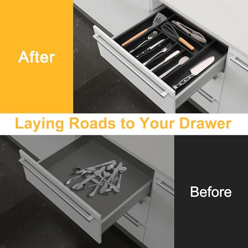 Large Premium Bamboo Silverware Organizer - Expandable Drawer Organizer & Utensil Organizer - 17"x19.7" Cutlery Tray with Dividers for Kitchen Utensils and Flatware (7-9 Slots) (Black) - color: Black, size: 9 Slots Expandable