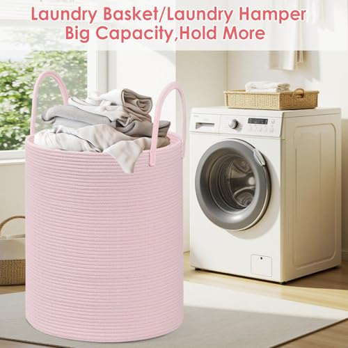 Large Woven Laundry Basket Hamper,100L Cotton Rope Storage Bin for Blankets,Toys and Clothes,Decorative Tall Nursery Hamper for Living Room,Baby Nursery,Bathroom and Bedroom,(Pink, XX Large) - color: Pink, size: 100L