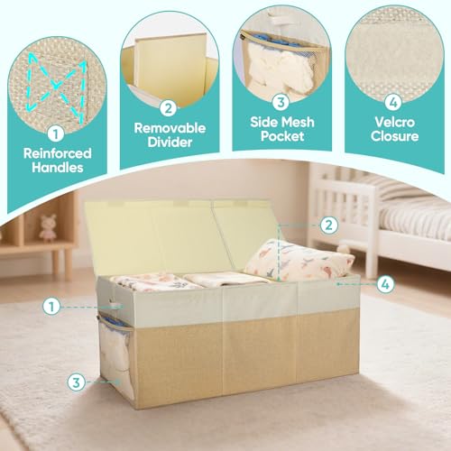 BALEINE Fabric Storage Bins with Lid, Collapsible Extra Large Storage Boxes Bins Baskets with Divider for Home Organizing (37.5"x13"x16", Khaki) - color: Khaki, size: 37.5"x13"x16"