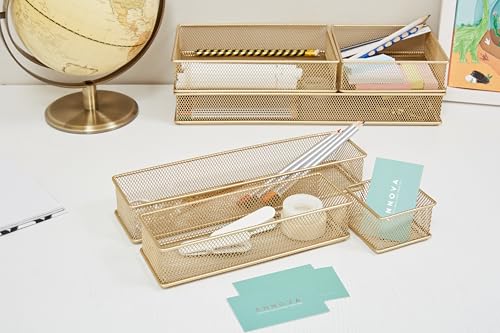 Annova Mesh Stackable Drawer Cabinet and Shelf Organizer Bins Storage Basket School Office Supply Holder Tray- Set of 2 (Gold, 3x6x2 Inch) - color: Gold, size: 3x6x2 Inch