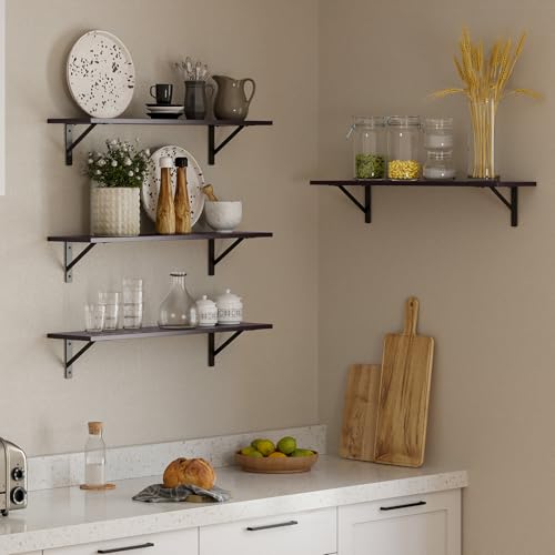 DINZI LVJ Long Wall Shelves, 23.6 Inch Wall Mounted Shelves Set of 2, Easy-to-Install, Storage Ledges with Sturdy Metal Brackets for Living Room, Bathroom, Bedroom, Kitchen, Espresso - color: Espresso, size: 23.6 Inch