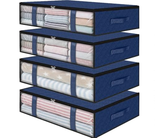StorageRight Under Bed Storage Bags 4 Pack, 40L Large Clothes & Comforter Storage Containers with Clear Window, Breathable Fabric Organizer for Blankets, Bedding, Seasonal Clothing, Blue - color: Blue, size: 4 Pack