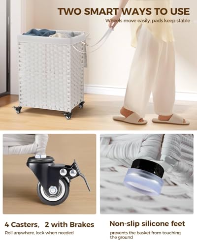 Greenstell Laundry Hamper with Wheels, No Install Needed, 90L Divided Handwoven Hampers & 2 Removable Liner Bags, Rattan Clothes Laundry Basket with Lid & Handles, Foldable Hampers White - color: White, size: 90L: 18.3x13.5x26.4 Inches