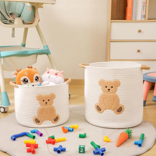 Large Blanket Baskets for Living Room, Teddy Bear Baskets Toy Storage Basket Woven Cotton Rope Basket for Kids, Toys Organizer Clothes Hamper with Embroidery, Teddy Bear Nursery Decor ( Large ) - color: Bear, size: Large