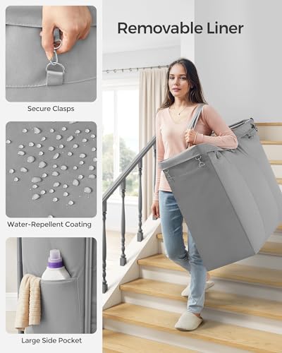 SONGMICS Laundry Basket with Wheels, 3-Section Rolling Laundry Hamper, 52.8 Gallons (200 L), Removable Liner, Steel Frame with Handle, 35.8 x 15.4 x 31.9 Inches, Dove Gray URLS005G01 - color: Dove Gray, size: 200 L (3-Section), style: Rectangular with han