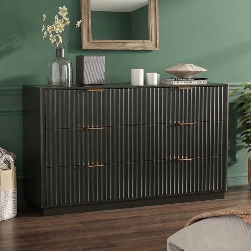 VOWNER Fluted 6 Drawers Dresser for Bedroom, 54" Wide Modern Chest of Drawers with Metal Handle, Closet Clothes Storage Organizer, Wood Dresser TV Stand for Living Room, Closet, Hallway, Entryway - color: Black