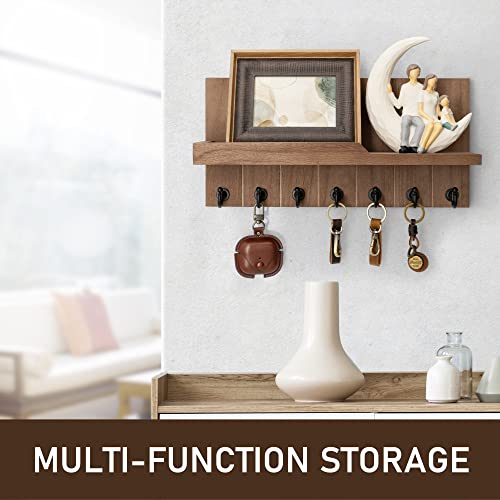 Rebee Vision Key Holder for Wall - Farmhouse Rustic Mail Organizer Floating Shelf for Home Kitchen Entryway Decor with 7 Sturdy Key Hooks (Retro Brown,15-inch) - color: Brown, size: 15-inch