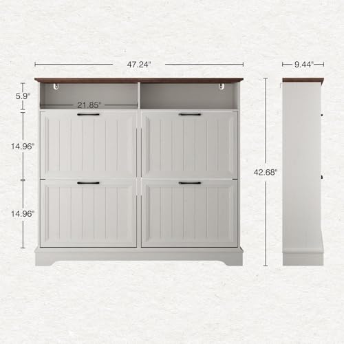 Shoe Storage Cabinet with 4 Flip Drawers, Farmhouse Modern Hidden Shoes Rack Cabinet with Adjustable Shelves & Open Storage, Narrow Slim Shoe Organizer for Front Door Entrance, Entryway, Antique White - color: Antique White, size: 4-Drawers