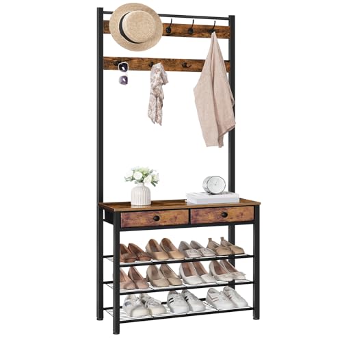 HOOBRO Hall Tree, Entryway Coat and Shoe Rack, 2 Fabric Drawers, Hall Tree with Bench, Shoe and Coat Rack, Coat Rack with Shoe Storage, 4 Tier Shoe Organizer, 9 Hooks, Rustic Brown and Black BF81MT01
