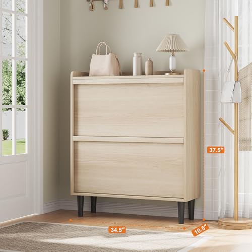 GarveeHome Shoe Cabinet with 2 Flip Drawers, Wooden Shoe Organizer Cabinet with Adjustable Shelf, Shoe Storage for Entryway, Hidden Shoe Cabinet for Hallway, Living Room, Natural Oak - color: Natural Oak, size: 2-Drawers