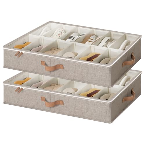 StorageWorks Shoe Organizer for Closet, Fits up to 24 Pairs, 2-Pack Ultra-thick Fabric Under Bed Shoe Storage Containers with Bottom Support and Adjustable Dividers, Taupe - color: Taupe, style: Adjustable Divider