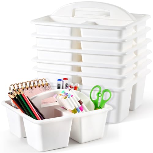 6 Pack Classroom Caddy with Handle Plastic Storage Caddy Organizer with 3 Compartments Desk Caddies Holder Portable Storage Bin for Pencil, Crayon, Marker, Home, Office, School Supplies(White) - color: White