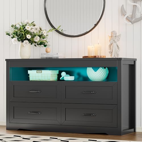 Dresser for Bedroom with 4 Drawers, Farmhouse Chest of Drawers with Natural Texture and LED Lights, Wide Wood Rustic Closet Storage Organizer, Modern Dresser TV Stand for Living Room, Entryway, Black - color: Black, size: 13.8"D x 47.2"W x 29.5"H (4 Drawe