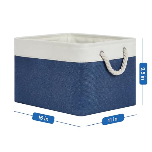 Temary Fabric Storage Baskets 4Pack Storage Bins Decorative Basket for Gift, Clothes Bin with Rope Handle, Rectangle Baskets for Storage, Blankets(White&Blue,15x11x9.5 inch) - color: White&blue, size: 15"L x 11"W x 9.5"H