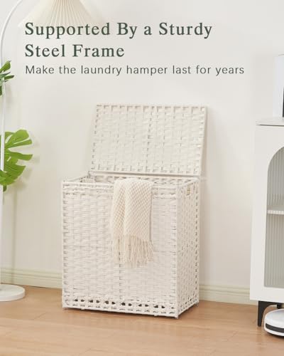 SETVSON Laundry Hamper with Lid Wicker Laundry Basket 112 L (29.6 Gal) Laundry Hampers Handwoven Rattan Clothes Hamper with Handles 3 Removable Liner Bag, 6 Mesh Bags for Bathroom Bedroom White - color: White, size: 29.6 Gal