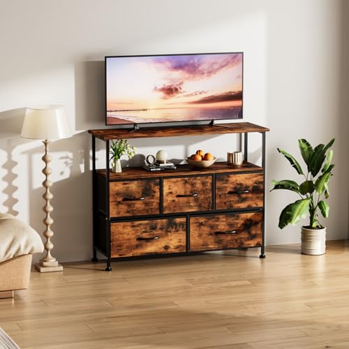 Simple Deluxe TV Stand Dresser for Bedroom Entertainment Center with 5 Fabric Drawers, Storage Organizers Units for Living Room, Media Console Table with Open Shelf up for 45" TV, Rust, Wood top - color: Rust, size: 39.3"D x 11.8"W x 31.8"H (5 Drawers)