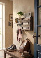 Spiretro Wall-Mounted Key Holder Hooks - Rustic Wood Weathered Grey & Black - Entryway Organizer for Mail, Leashes, and Purses - Floating Shelf, 16.5” W x 9.75" H x 4.5” D - color: Weathered Grey & Black Organizer & Wood Shelf