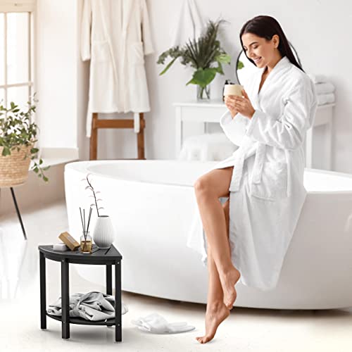 Bamboo Corner Shower Bench Waterproof Stool with Space-Efficient Storage Shelf - Shower Stool Seat for Indoor or Outdoor Use(Black) - color: Black