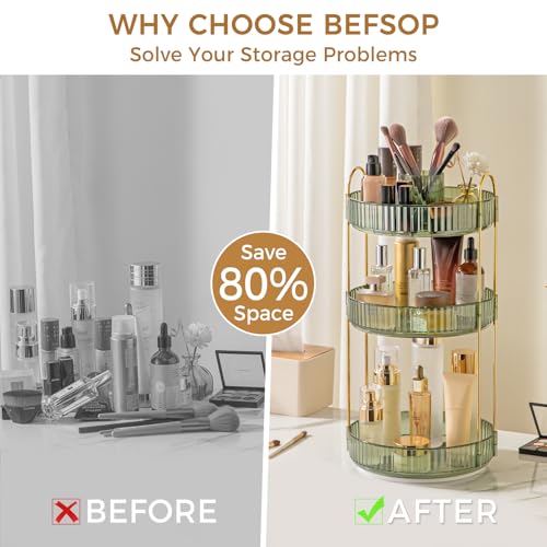 360° Rotating Makeup Organizer, Upgraded 3 Tier Skincare Perfume Organizers for Women, Bathroom Organizer Countertop, Clear Cosmetic Dresser Organizer with Makeup Brush Holder, Sink&Counter (Green) - color: Green, size: 3 Tier