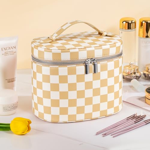 Makeup Bag Vanity Case Cosmetic Bag with Removable Divider Travel Toiletry Bag for Women Portable Make up Box Organizer, Beige and White - color: Beige and White