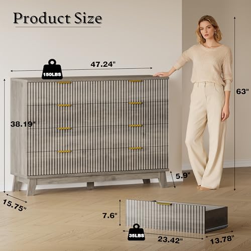 BORNOON Fluted 8 Drawer Tall Dresser, 47.2" Wide Modern Boho Chest of Drawers, Wooden Storage Dresser TV Stand for Bedroom, Living Room, Closet, Hallway, Curved Profile Design - color: Rustic Drift, size: 8 Drawers