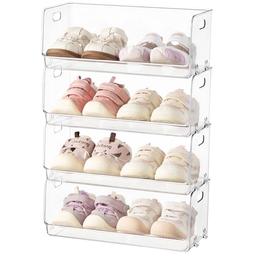 HBlife Clear Acrylic Kids Shoe Rack Baby Toddler Shoe Storage Organizer for Closet Floor Entryway Bedroom, 4 Tier Stackable Small Shoe Rack Shelf Display Stand - size: 4 Tier