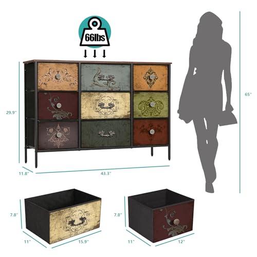 VASICAR Dresser for Bedroom with 9 Deep Fabric Drawers, Wide TV Stand Storage Cabinet, Colorful Chest of Drawers for Closet, Nursery, Entryway, Hallway - color: Pattern