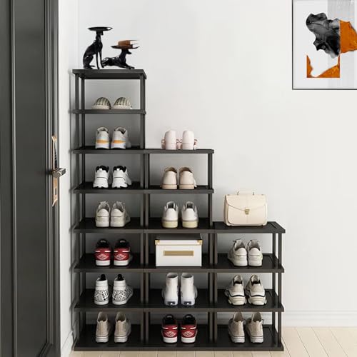 Vertical Shoe Rack - Tall Narrow Shoe Rack Organizer for Small Spaces,7 Tier Bamboo Shoen Shelf for Entryway,Closet,Corner,Doorway,Skinny Shoe Shelf Space Saving Shoe Storage,Free Stackable DIY - color: Black, size: 7-tier
