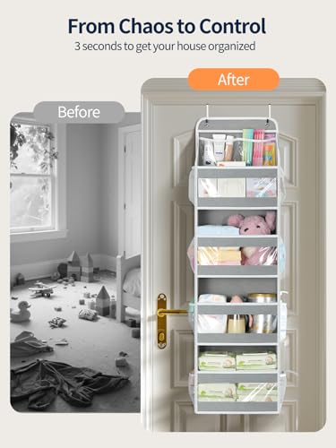 Yecaye 5 Tier 1Pc Over the Door Organizer, Stuffed Animal Storage with Clear PVC Windows, Door Organizer Hanging for Bedroom Nursery Closet Dorm Room Laundry Pantry Bathroom, Grey - color: Grey, size: 1 Pack 5 Tier