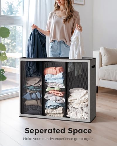 SOLEDI 180L Laundry Hamper 3 Section, Extra Large Laundry Hamper with Lid, Dirty Clothes Hamper with Sturdy Handle, Large Laundry Basket Organizer for Laundry Room, Bedroom, Hampers for Laundry - color: Grey, size: 180L