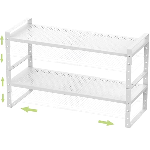 Jojocross Expandable Stackable Aadjustable Shoe Rack Pantry Shelf for Kitchen Cabinets Counter Shelves Countertop Cupboard Storage Solution,Sturdy Heavy-Duty Metal Construction(2Packs/White/Large) - color: 2Packs/White, size: LARGE:10.2"D x 16.5"W x 7.8"H